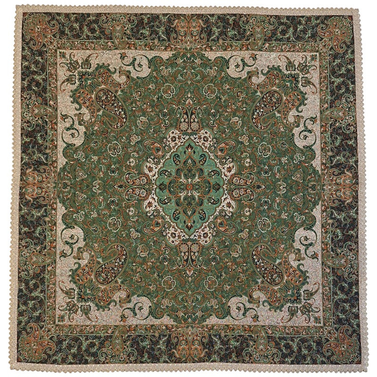 رومیزی مربع ترمه نفیس ابریشم کد TRM219 رنگ سبز آستر سبز لبه یراق دوزی