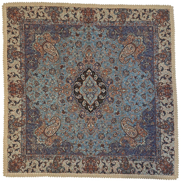 رومیزی مربع ترمه نفیس ابریشم کد TRM222 رنگ سبزآبی آستر سبزآبی لبه یراق دوزی