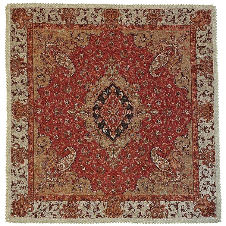 رومیزی مربع ترمه نفیس ابریشم کد TRM223 رنگ قرمز آستر زرشکی لبه یراق دوزی