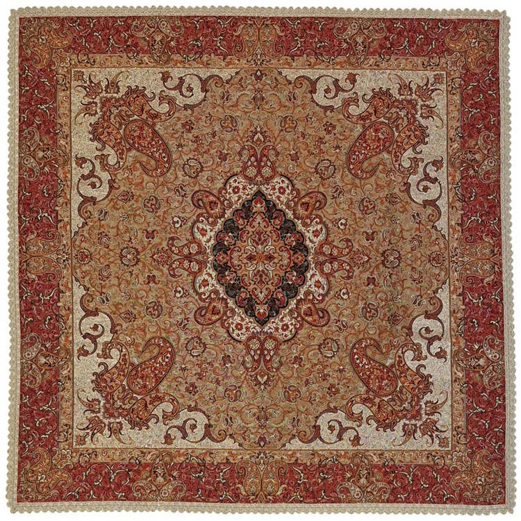 رومیزی مربع ترمه نفیس ابریشم کد TRM224 رنگ کرم آستر کرم لبه یراق دوزی