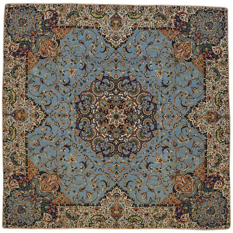 رومیزی مربع ترمه نفیس ابریشم کد TRM226 رنگ سبزآبی آستر سبزآبی لبه مغزی دوزی