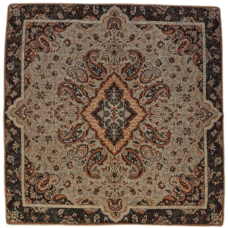 رومیزی مربع ترمه نفیس ابریشم کد TRM227 رنگ کرم آستر کرم لبه مغزی دوزی