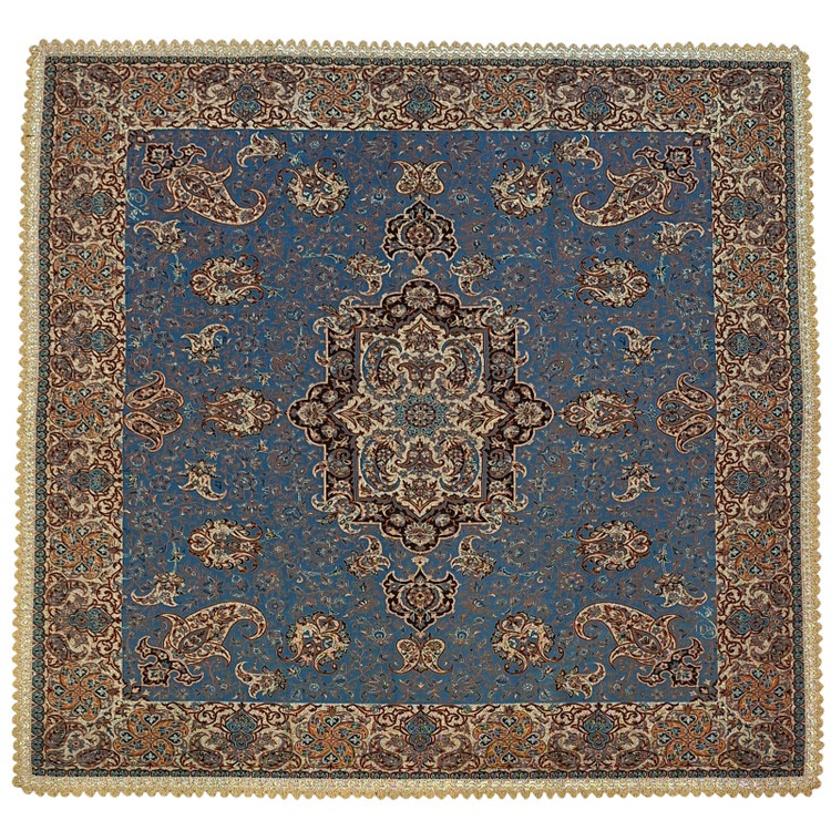 رومیزی مربع ترمه نفیس ابریشم کد TRM228 رنگ آبی آستر آبی لبه یراق دوزی