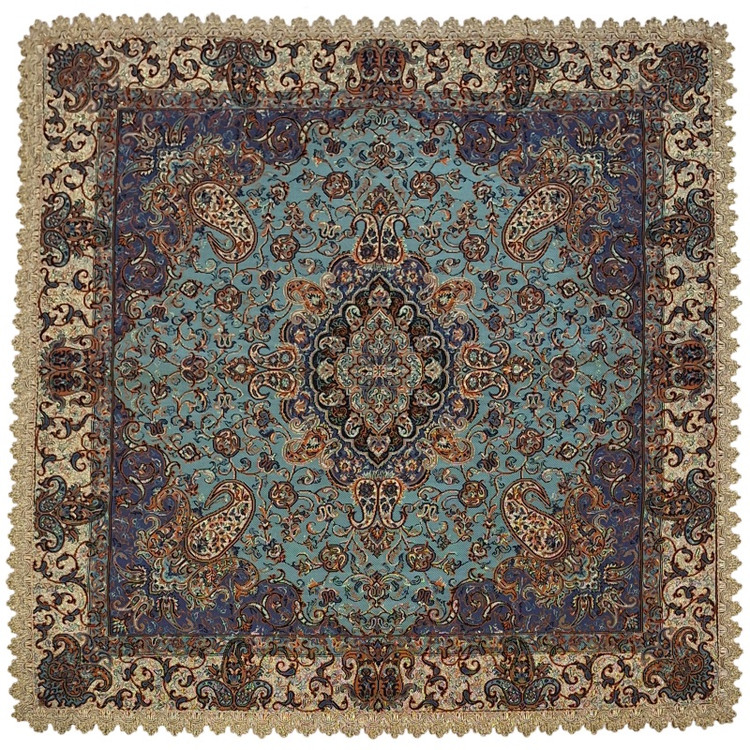 رومیزی کوچک عسلی ترمه نفیس ابریشم کد TRM235 رنگ سبزآبی آستر سبزآبی لبه یراق دوزی