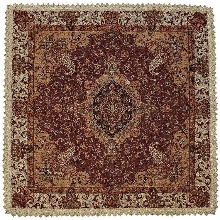 رومیزی کوچک عسلی ترمه نفیس ابریشم کد TRM۲۳۷ رنگ قهوه ای زرشکی آستر زرشکی لبه یراق دوزی