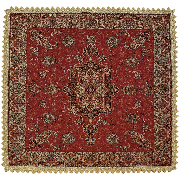 رومیزی کوچک عسلی ترمه نفیس ابریشم کد TRM۲۳۸ رنگ قرمز آستر زرشکی لبه یراق دوزی